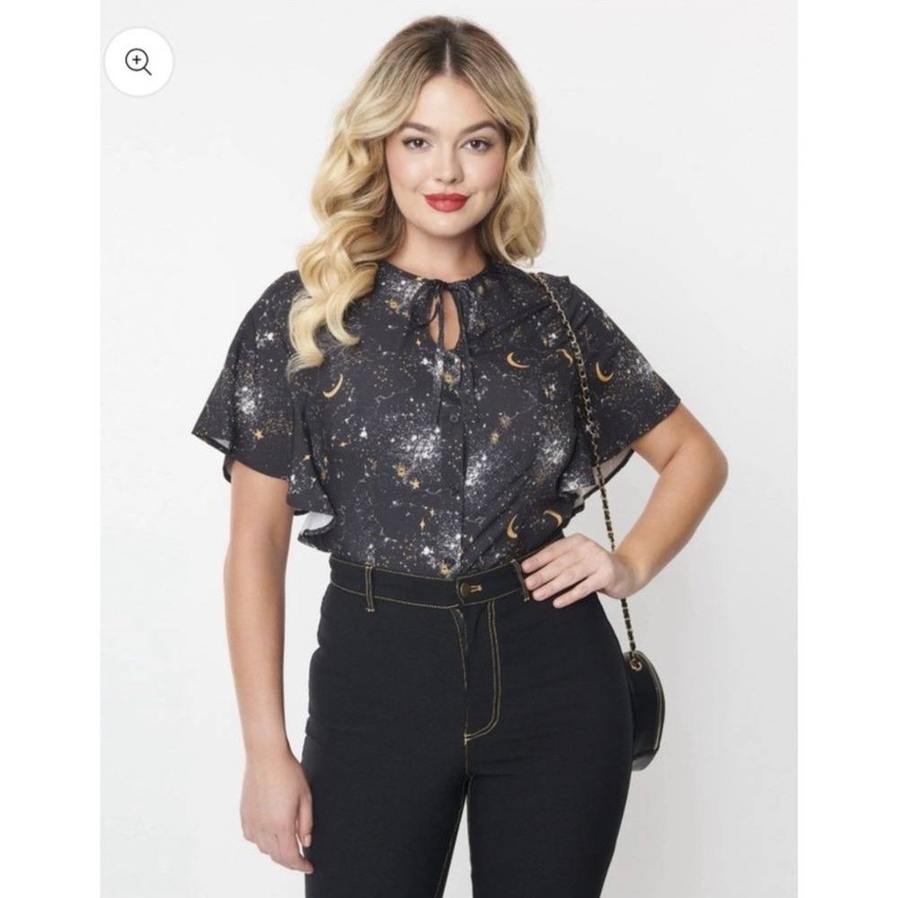 Unique‎ Vintage Blouse Womens 1X/16 Black Celestial Moon Star Print Whimsigoth